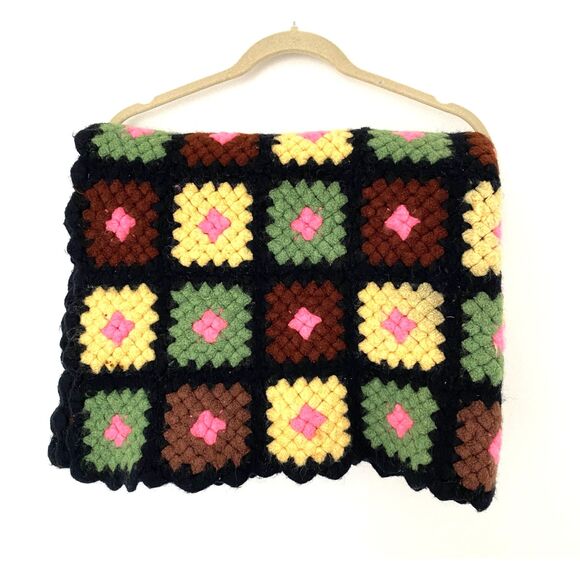 VTG Handmade Granny Square Afghan Crochet Roseanne Knit Throw Blanket 48"x35" - Picture 1 of 5